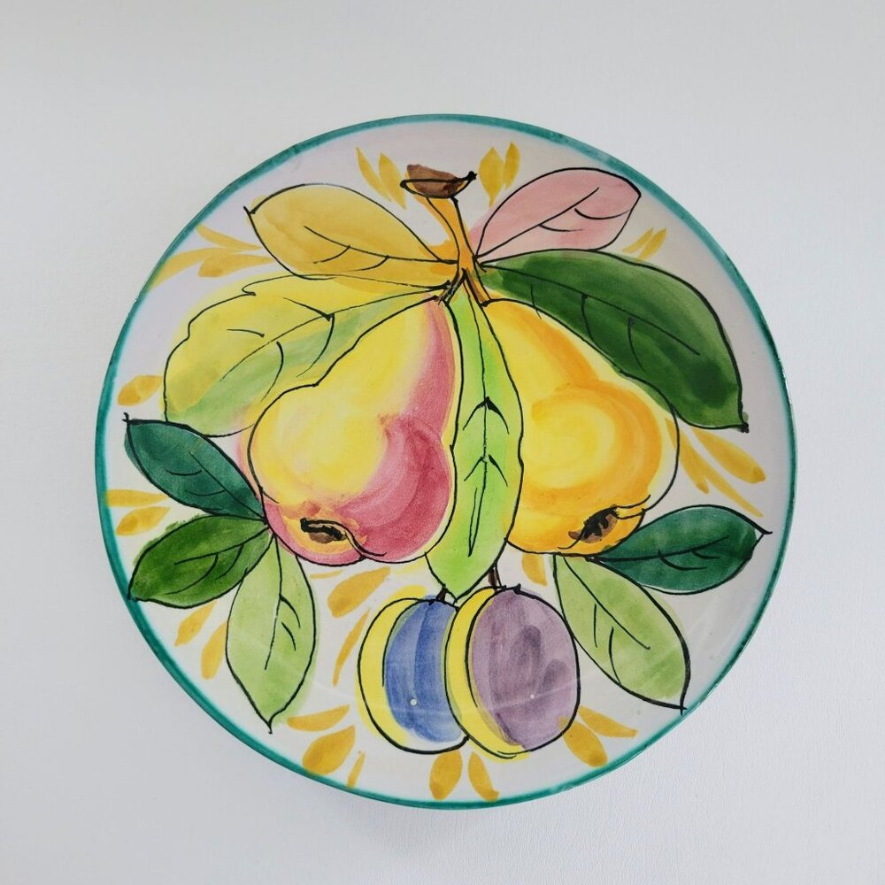 Italian Hand Painted Pottery Fruit Motif Round Platter Artist Signed Pear & Leaf